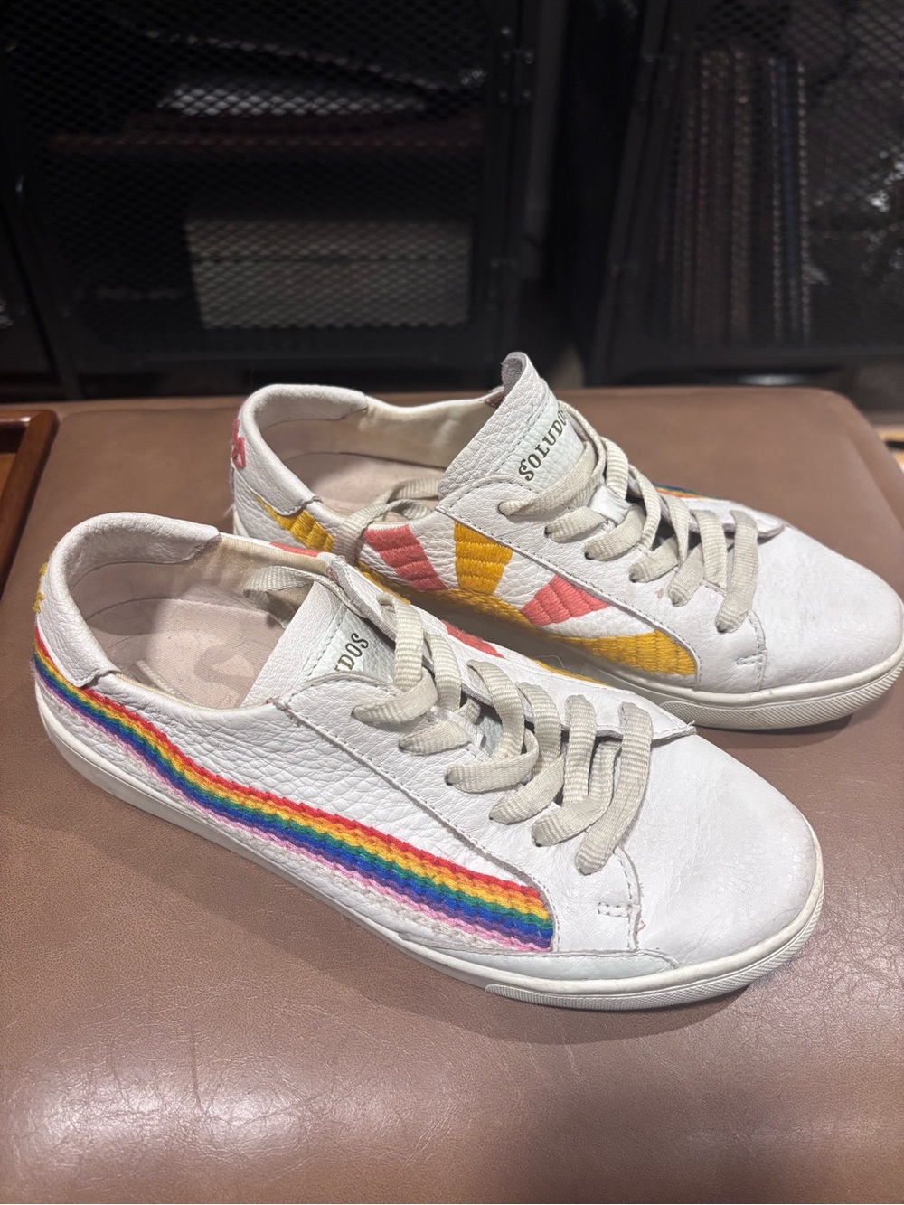 Soludos White Women's Leather Sneakers with Rainbow Side Stripe